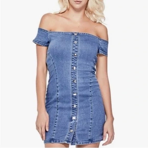 Guess Dresses & Skirts - GUESS? Jeans Denim Off The Shoulder Mini Dress Y2K Stretch XS